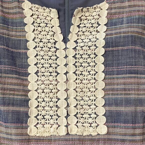 Talbots Striped Cotton Crochet Split Neck Embroidered Shift Dress With Pockets - Picture 2 of 16